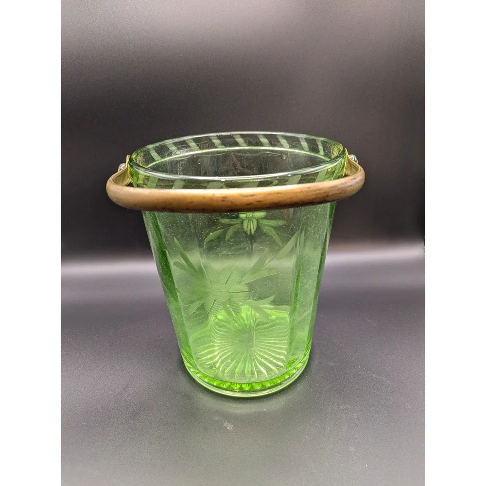Green Depression Glass Etched Green Ice Bucket with Bras Handle